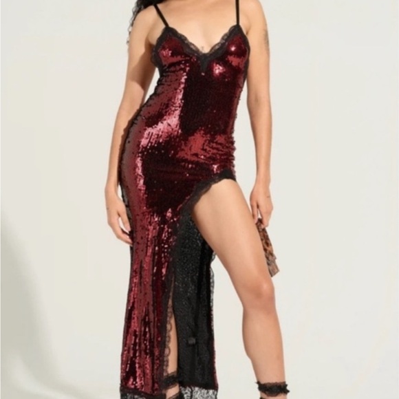 AKIRA Dresses & Skirts - AKIRA Red Sequin Maxi Slip Dress with Black Lace Trim